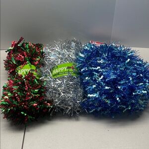 Bundle of 3 Festive Tinsel Garland Set - Red, Silver, Blue